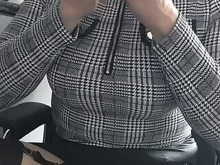 Mature crossdresser secretary smoking with no panties on