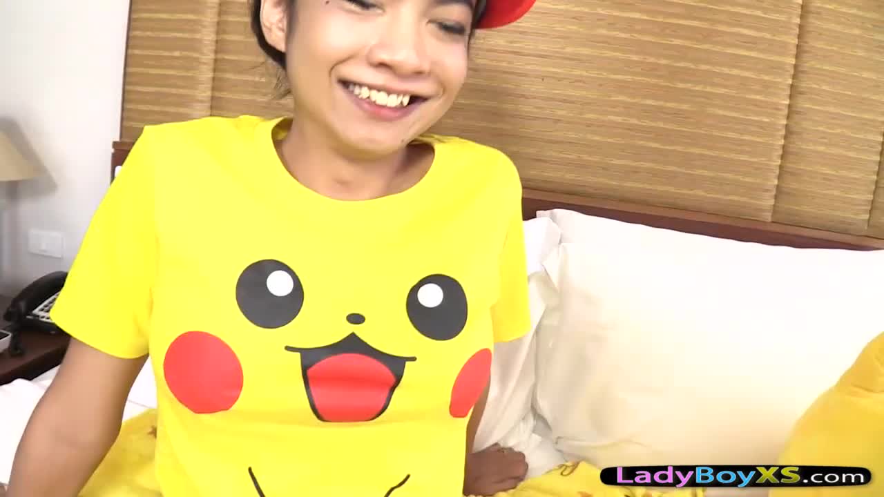 Geeky ladyboy in a pokemon shirt gets fucked bareback