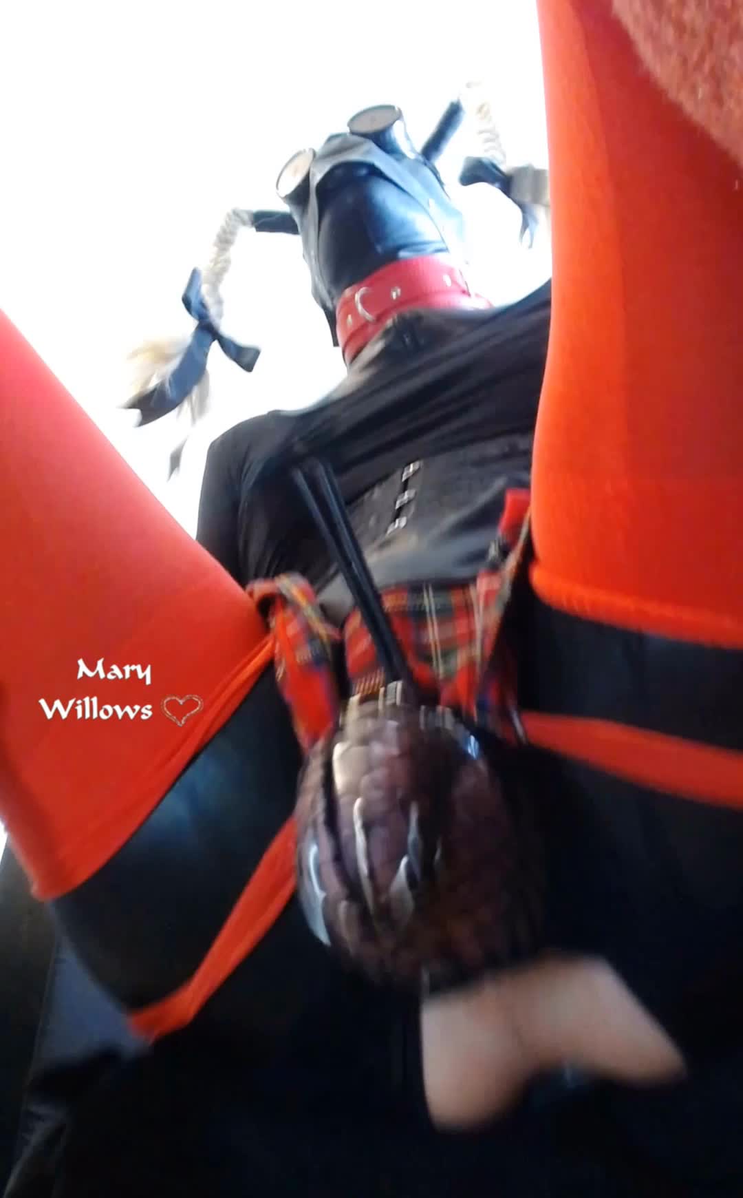 Mary Willows gimp with latex mask riding plug in chastity