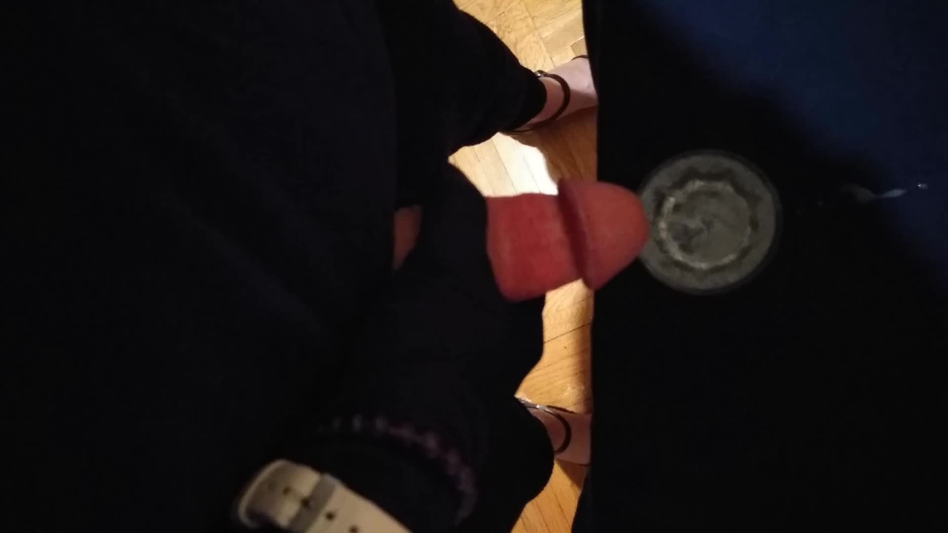 Quick cumshot with gloves  into a small glass